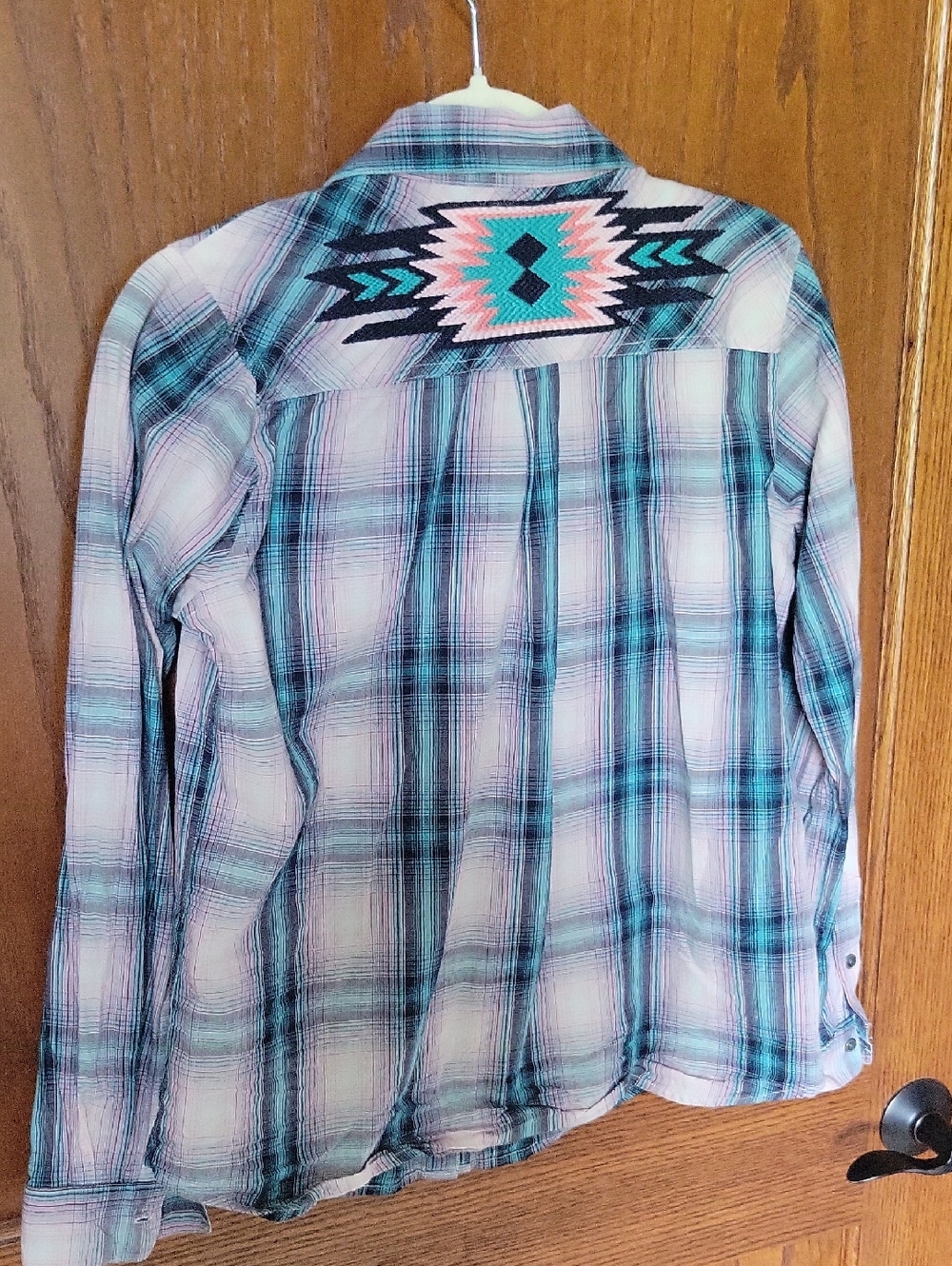 Women's Ariat Turquoise Plaid Western Shirt with Aztec Embroidery